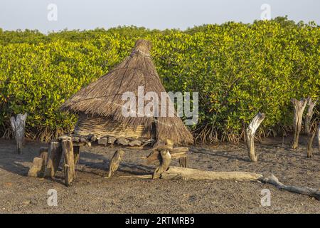 Antiker Kornspeicher mit einem Dach aus trockenem Gras auf einer Insel inmitten von Mangrovenbäumen, Joal-Fadiouth, Senegal Stockfoto