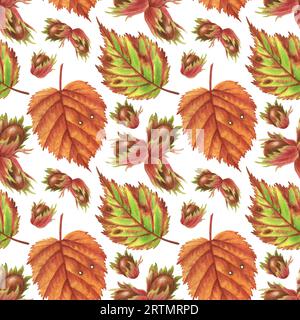 Herbstnüsse und -Blätter. Nahtloses Wasserfarbenmuster auf weißem Hintergrund. Perfekt für Grußkarten, Cover, Drucke, Muster, Scrapbooking, Logo Stockfoto