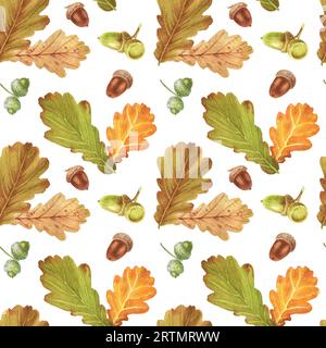 Herbsteiche – Eicheln und Blätter. Nahtloses Wasserfarbenmuster. Perfekt für Grußkarten, Cover, Drucke, Muster, Scrapbooking, Logo Stockfoto