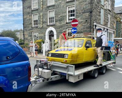 Nur Fools and Horses Reliant Robin beim Barmouth fest Festival. Barmouth, Wales, Großbritannien. Stockfoto