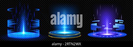 Set aus Hightech-Hologramm-Portalen mit blauem Lichteffekt. Vektorrealistische Illustration futuristischer Spieltechnik, runde Podeste mit glühender Lase Stock Vektor