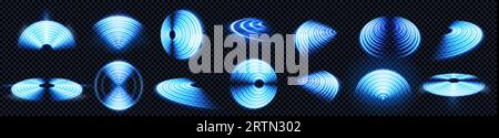 Blaues 3D-wlan-Signalsymbol mit Neonlicht-Effekt auf transparentem Hintergrund. WAVE-Schild für drahtlose Technologie. Digitale Radarkreisnetzfuturistik Stock Vektor