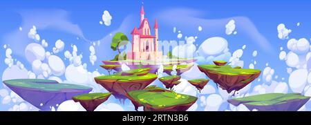 Fantasiehintergrund mit magischem Schloss auf der Insel, die im Himmel schwebt. Wildlandschaft mit fliegenden Inseln mit mittelalterlicher Festung, grünem Gras und Wolken, Vec Stock Vektor