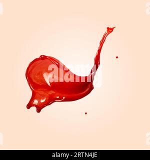 Schwebender roter Splash und Welle mit Tropfen isoliert auf beigem Hintergrund. Flüssigfarbe, Farbexplosion. Haupttrends im modernen Design Stockfoto