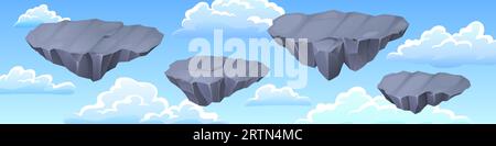 Graue Steininseln in blauem Himmel mit Wolken – fliegende Felsplattformen für Level-ui-Design. 2D-Cartoon steinige Landstücke zum Springen und Laufen Stock Vektor