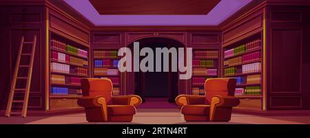 Hausbibliothek mit Büchern auf Holzregalen und gemütlichen Sesseln. Vektor-Zeichentrickillustration des großen Raumes, der mit Bücherregalen und Leiter ausgestattet ist. Vintage Stock Vektor