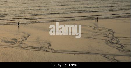 Ebbe am Strand bei Sonnenuntergang in Nordfrankreich Stockfoto