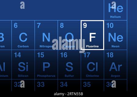 Fluorelement auf dem Periodensystem. Halogen- und chemisches Element mit dem Symbol F und der Atomzahl 9. Das stärkste elektronegative Element. Stockfoto