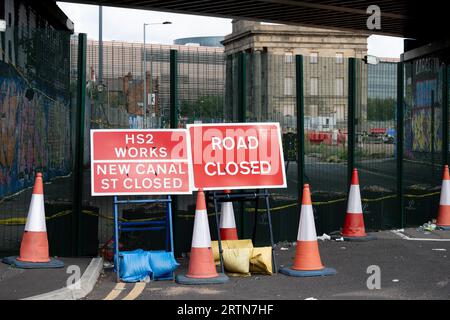 HS2 Works, Ausschilderung Straße geschlossen, Birmingham, Großbritannien Stockfoto