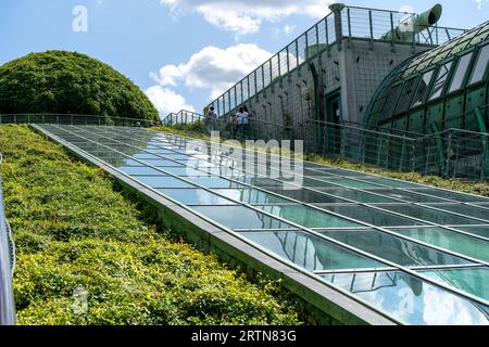 Botanischer Garten auf dem Dach. Bibliothek der Universität Warschau. Polnische moderne Architektur. Grüne Pflanzen im Sommer. Polen, Warschau Stockfoto