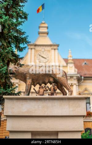 Blick auf das Denkmal des Kapitolinischen Wolfs im alten Zentrum von Brasov, Rumänien. Stadthaus im Hintergrund Stockfoto