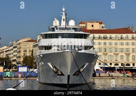 Marseille, Frankreich. September 2023. Die Coral Ocean Yacht liegt im französischen Mittelmeerhafen Marseille. (Credit Image: © Gerard Bottino/SOPA Images via ZUMA Press Wire) NUR REDAKTIONELLE VERWENDUNG! Nicht für kommerzielle ZWECKE! Stockfoto