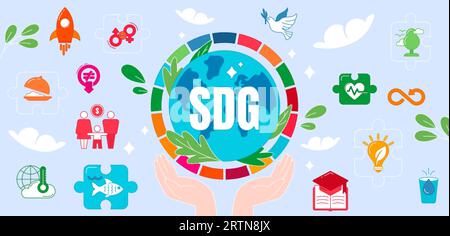 Flache Ikonen der Ziele der vereinten Nationen für nachhaltige Entwicklung. SDG-Zeichen auf blauem Hintergrund. Globale soziale Ziele zur Rettung des Planeten, zur Verbesserung des Lebens und zur Lösung sozialer Probleme in der Welt. Stock Vektor