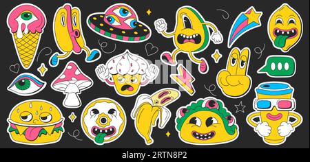 Psychedelic Cartoon Groovy Sticker Set mit Retro surrealen Elementen. Trendige Charaktere mit lustigen Gesichtern. Hippiesymbole in modernem Design auf schwarzem Hintergrund. Fastfood, Augen und verrückte Ikonen. Stock Vektor