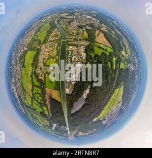 Luftbild, Yachthafen Marina Rünthe, Datteln-Hamm-Kanal, Beversee im Beverwald, Erdkugel, Fisheye Aufnahme, Fischaugen Aufnahme, 360 Grad Aufnahme, Tiny World, Rünthe, Bergkamen, Ruhrgebiet, Nordrhein-Westfalen, Deutschland ACHTUNGxMINDESTHONORARx60xEURO *** Luftblick, Marina Rünthe, Datteln Hamm Kanal, Beversee in Beverwald, Globe, Fisheye Shot, Fisheye Shot, 360 Grad Shot, Tiny World, Rünthe, Bergkamen, Ruhrgebiet, Nordrhein-Westfalen, Deutschland ATTENTIONxMINDESTHONORARx60xEURO Stockfoto