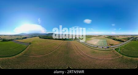 360° Aerial Panorama of Daweid Corn Fields: The Contest Transition from Rural Agriculture to Urbanized Activity Zone in Guebwiller Community, Sommer Stockfoto