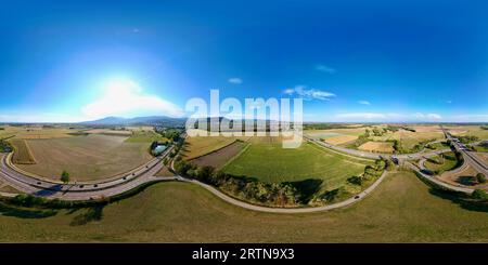 360° Aerial Panorama of Daweid Corn Fields: The Contest Transition from Rural Agriculture to Urbanized Activity Zone in Guebwiller Community, Sommer Stockfoto