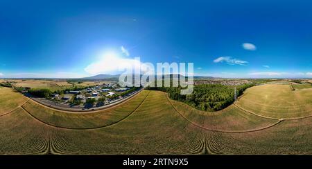 360° Aerial Panorama of Daweid Corn Fields: The Contest Transition from Rural Agriculture to Urbanized Activity Zone in Guebwiller Community, Sommer Stockfoto