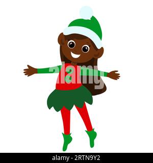 Die Weihnachtself trägt ein Elfenkostüm und sie ist glücklich. Kleines süßes Elfenmädchen im Cartoon-Stil isoliert auf weißem Hintergrund. Das Kind wirbelt Stock Vektor