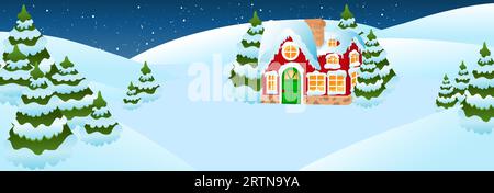Horizontales Banner der winterlichen Weihnachtslandschaft. Illustration einer Winterlandschaft mit Haus und Tannen und Schneebedeckung. Stock Vektor