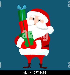 Der Weihnachtsmann hält viele Geschenke in seinen Händen vor sich. Witziges Charakterdesign für den Winter. Weihnachtsillustration im Zeichentrickstil. Stock Vektor