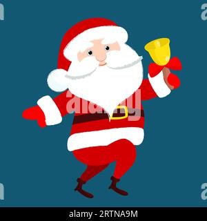 Der Weihnachtsmann läuft oder tanzt mit einer Glocke in den Händen. Witziges Charakterdesign für den Winter. Weihnachtsillustration im Zeichentrickstil. Stock Vektor