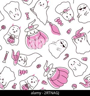 Halloween festliches nahtloses Muster mit Geistern im Doodle-Stil. Pinkfarbener, endloser Hintergrund mit gruseligen Geistern, Süßigkeiten und Sprache mit Buh. Vektor Stock Vektor