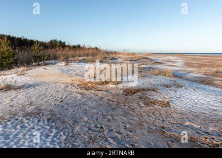 Gefrorene leere Strandlandschaft, Golf von Finnland. Ostseeküste, natürliches Winterhintergrundfoto Stockfoto