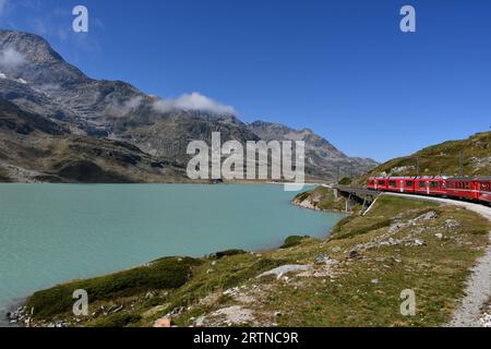 Der Bernina Express fährt am Ufer des Lago Bianco vorbei Stockfoto