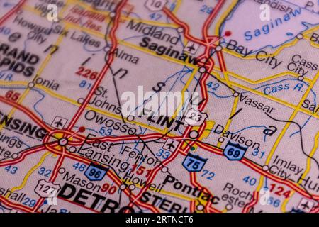 Flint, Michigan, USA auf einer Roadmap. Stockfoto