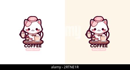 Vorlage für das Vektor-Logo des Kaffeehauses mit niedlicher Katze und immer bestem Slogan. Vector-Etiketten für Coffee-Shops. Stock Vektor