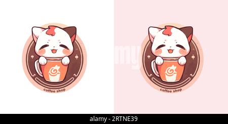 Café-Bar-Logo mit süßer Katze und Blumenschablone. Original-Kaffeemblem. Vektorkunst Stock Vektor