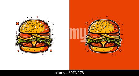 Handgezeichneter Satz Vektor-Burger-Logos auf weißem und rotem Hintergrund. Abbildung des Logos. Stock Vektor