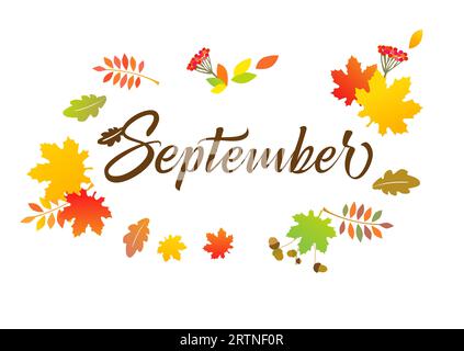 September-Netzwerkposter. Schöne Typografie und herbstliche bunte Blätter. Grußkarte oder Hintergrundbild. Herbst saisonale Natur. Runder Rahmen Conep Stock Vektor