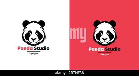 Panda Vektor-Logo-Illustration auf rot-weißem Hintergrund. Panda-Kopflogo. Hübsche Vorlage mit Tiergesichtschild. Stock Vektor
