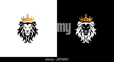 Königlicher Königslöwe mit goldenem Kronensymbol. Elegantes schwarzes Leo-Tierlogo. Premium-Markenidentität. Konstruktionsvorlage für Vektorillustration. Stock Vektor