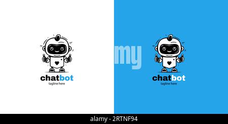 Roboter-Chatbot-Kopf-Symbol-Zeichen-Design-Vektor-Illustration auf weißem und blauem Hintergrund. Niedlicher AI-Bot-Helfer-Maskottchen-Charakter. Stock Vektor