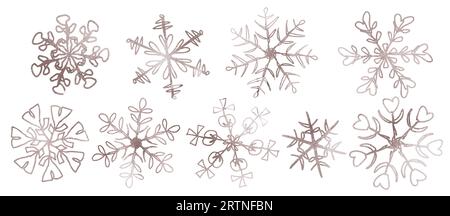 Roségold Schneeflocke Set Schnee für Weihnachten und Winterferien Vektor Isolat auf weißem Hintergrund Stock Vektor