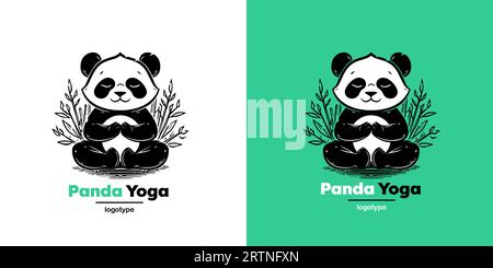 Vektor-Logo-Illustration Panda einfaches Maskottchen des Yoga-Stils. Designvorlage für das Logo auf weißem und grünem Hintergrund. Stock Vektor