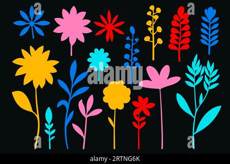 Bunte verächtliche Blumen nahtlose Muster Illustration. Ein Set naiver handgezeichneter Blumen Stock Vektor