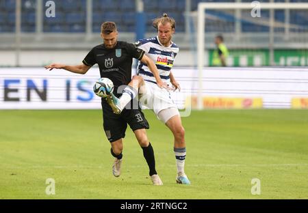 Duisburg, Deutschland. 25. August 2023. firo: 25.08.2023, Fußball, 3. Liga, 3. Bundesliga, Saison 2023/2024, MSV Duisburg - SSV Ulm 1846 HIGL gegen Sebastian Mai, Duisburg Right Credit: dpa/Alamy Live News Stockfoto