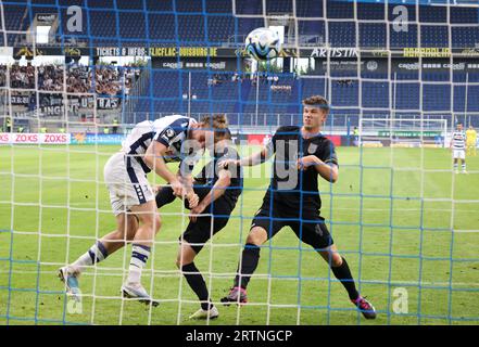 Duisburg, Deutschland. 25. August 2023. firo: 25.08.2023, Fußball, 3. Liga, 3. Bundesliga, Saison 2023/2024, MSV Duisburg - SSV Ulm 1846 Ziel für es 1-0 von Sebastian Mai, Duisburg Credit: dpa/Alamy Live News Stockfoto