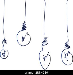 Die Glühlampe hängt an der Decke am Draht. Elektrische Beleuchtung. Satz Glasgeräte. Modernes Design. Von Hand gezeichnete Schwarz-Weiß-Kritzelbildner. Stock Vektor