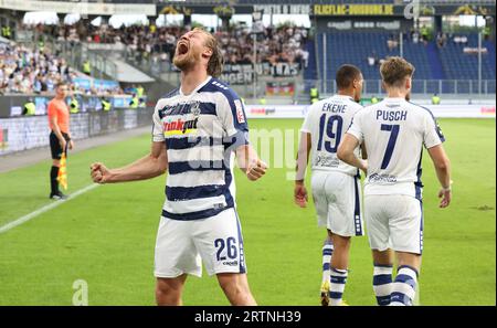 firo: 25.08.2023, Fußball, 3. Liga, 3. Bundesliga, Saison 2023/2024, MSV Duisburg - SSV Ulm 1846 Jubel bis 1-0 von Sebastian Mai, Duisburg Stockfoto