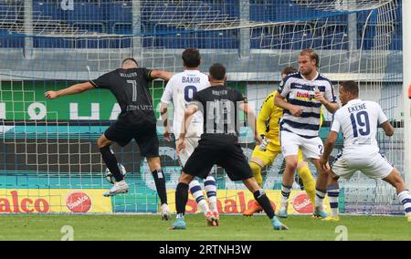 firo: 25.08.2023, Fußball, 3. Liga, 3. Bundesliga, Saison 2023/2024, MSV Duisburg - SSV Ulm 1846 Ziel für Ulm 1-1 von Bastian ALLGEIER Stockfoto