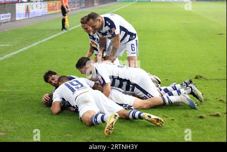 firo: 25.08.2023, Fußball, 3. Liga, 3. Bundesliga, Saison 2023/2024, MSV Duisburg - SSV Ulm 1846 Jubel für 1-0 von Sebastian Mai, Duisburg Stockfoto