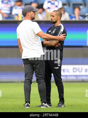 firo: 25.08.2023, Fußball, 3. Liga, 3. Bundesliga, Saison 2023/2024, MSV Duisburg - SSV Ulm 1846 1:1 Trainer Torwart ZIEGNER, Duisburg, vor dem Spiel mit Sidney SAM, rechts Stockfoto