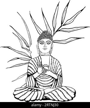 Buddha sitzt in Bambuszweigen Hand gezeichnete Linie Kunst Vektor Illustration. Meditationselement für Yoga, buddhismus Stock Vektor