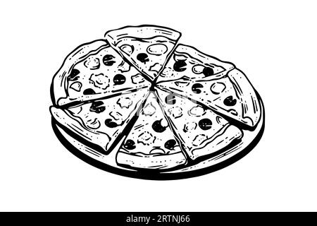 Geschnittene Pizza-Skizze handgezeichnet Gravur-Stil Vektor-Illustration. Stock Vektor