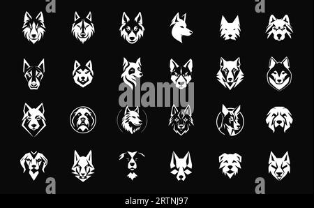 Hundekopf Icons Set, weiße Hundekopf Silhouette Logo Kollektion auf schwarzem Hintergrund für Ihre Haustier-bezogenen Bedürfnisse, perfekt für Tierkliniken und Stock Vektor